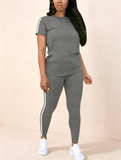 Striped Short Sleeve Top & Leggings Two-Piece Activewear Set