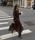 Chocolate Brown Shirt & Asymmetric Chiffon Skirt Two-Piece Set