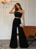 Black Strapless 3D Floral Sequin Two-Piece Evening Set