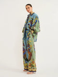 Tropical Bird Print Linen Blouse & Wide-Leg Pants Two-Piece Set