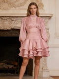 High Neck Puff Sleeve Ruffled Mini Dress