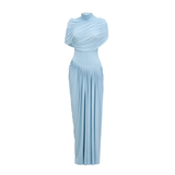 Asymmetrical Pleated Maxi Dress with Mesh Shawl and Draped Detailing