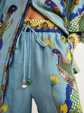 Tropical Bird Print Linen Blouse & Wide-Leg Pants Two-Piece Set