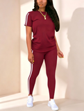 Striped Short Sleeve Top & Leggings Two-Piece Activewear Set