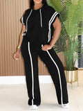 Striped Hooded Drawstring Casual Two Piece Pants Set