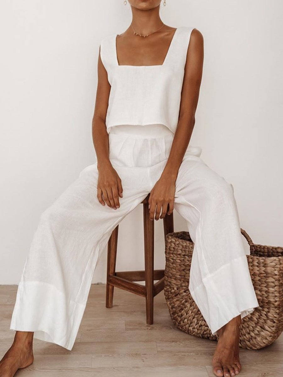 Casual Loose Solid Color Sleeveless Two-piece Suit