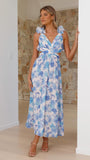 Floral Print Ruffle Strap Lace-Up Back Maxi Dress