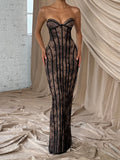 Lace Stripe Strapless Backless Bodycon Maxi Dress