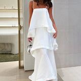 White Satin Tiered Ruffle Maxi Slip Dress