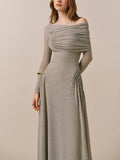 Asymmetrisches, schulterfreies, gerafftes Maxikleid mit hoher Taille 