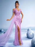 Lavender sequin off-shoulder mermaid evening gown with a high slit and a flowing sheer tulle train for formal galas or red carpets.