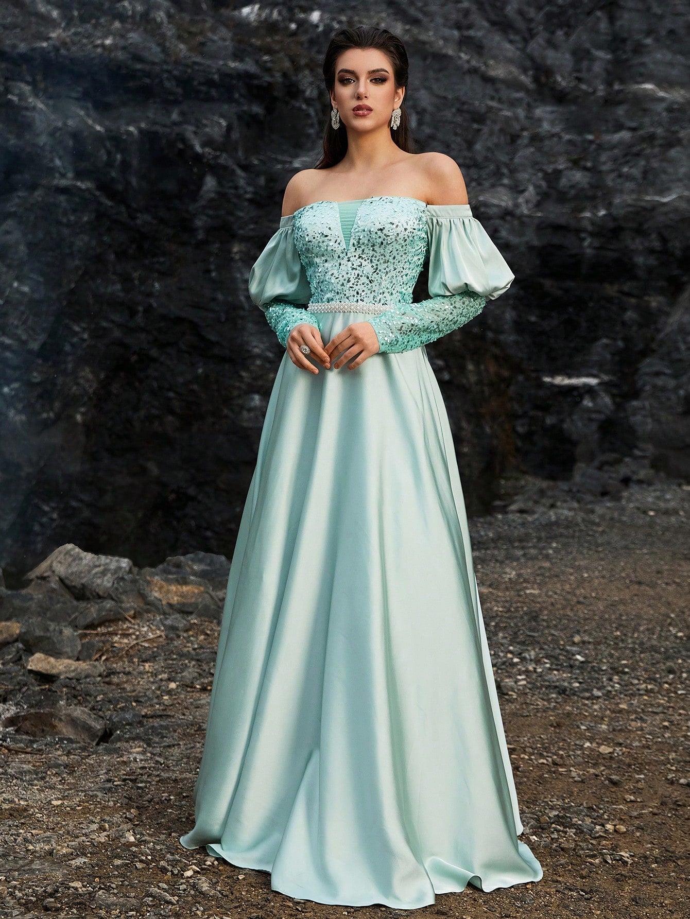 Mint green off-shoulder A-line evening gown with intricate crystal-embroidered bodice, elegant puff sleeves, and a flowing satin skirt for formal galas or weddings.