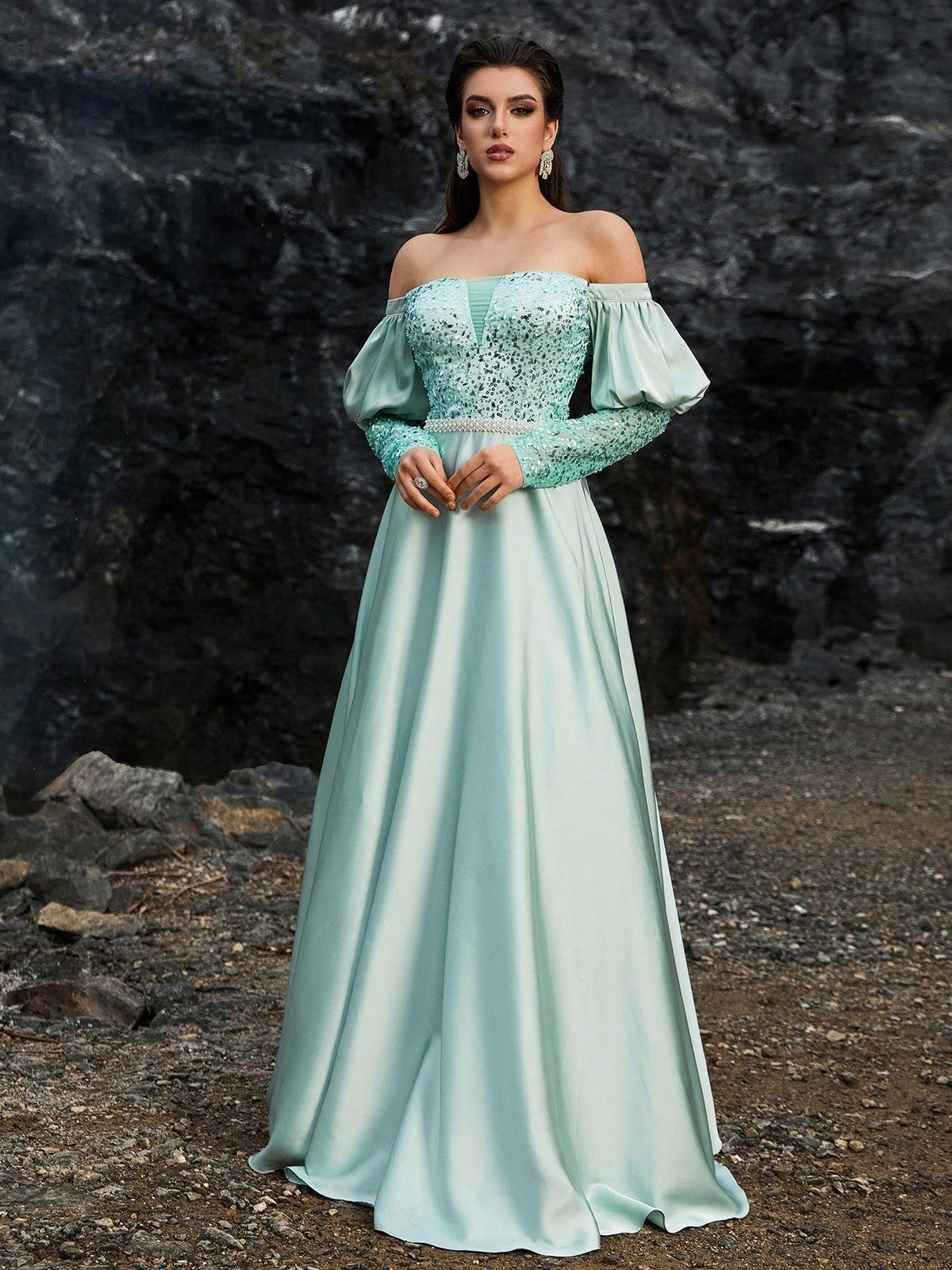 Mint green off-shoulder A-line evening gown with intricate crystal-embroidered bodice, elegant puff sleeves, and a flowing satin skirt for formal galas or weddings.