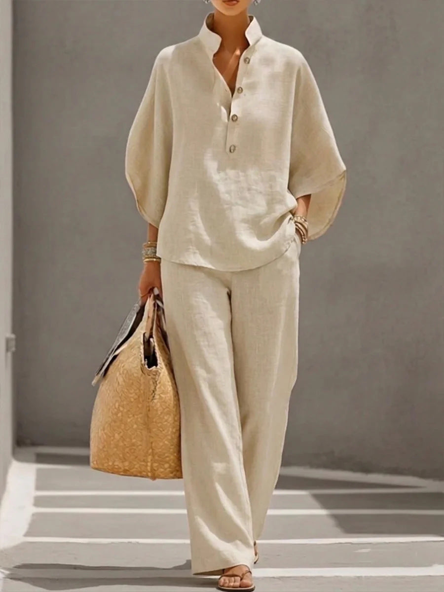Linen Blend Half-Sleeve V-Neck Button Top & Straight Leg Pants Two-Piece Set