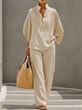 Linen Blend Half-Sleeve V-Neck Button Top & Straight Leg Pants Two-Piece Set