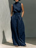 Linen-Look Sleeveless Turtleneck & High-Waisted Wide Leg Pants Set