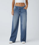Low-Rise Asymmetrical Button Wide Leg Washed Denim Jeans
