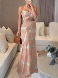 Strapless Smocked Printed Sexy Mermaid Maxi Dress