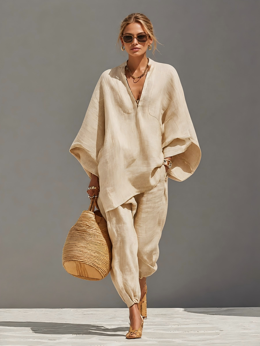 Casual-Style Batwing Sleeve V-Neck Loungewear Set