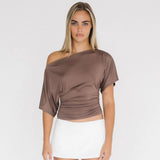 Sexy Ruched One-Shoulder Slim Fit Milk Silk T-Shirt