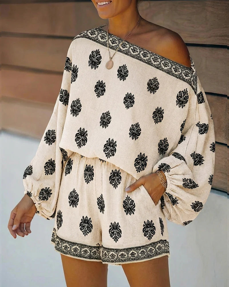 Bohemian Floral Print Off-Shoulder Top & Shorts Two-Piece Set