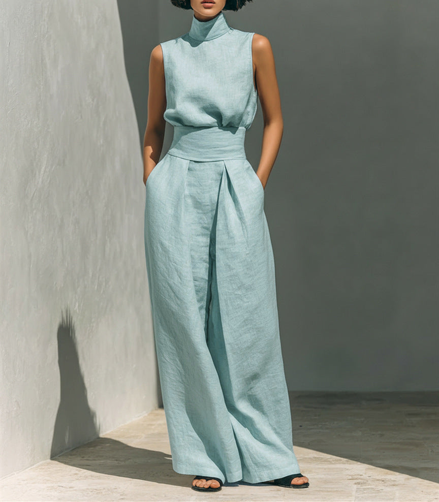 Linen-Look Sleeveless Turtleneck & High-Waisted Wide Leg Pants Set