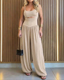 Solid Color Cutout Tie-Back High-Waisted Wide-Leg Jumpsuit