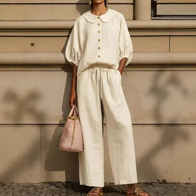 Peter Pan Collar Lantern Sleeve Linen Two-Piece Set