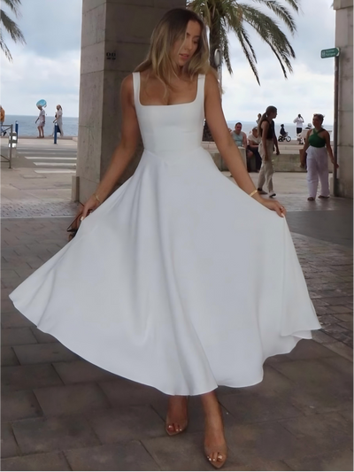 Square Neck Sleeveless Open Back Swing Midi Dress