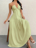 Halter Neck Tie-Back Tiered Maxi Vacation Dress