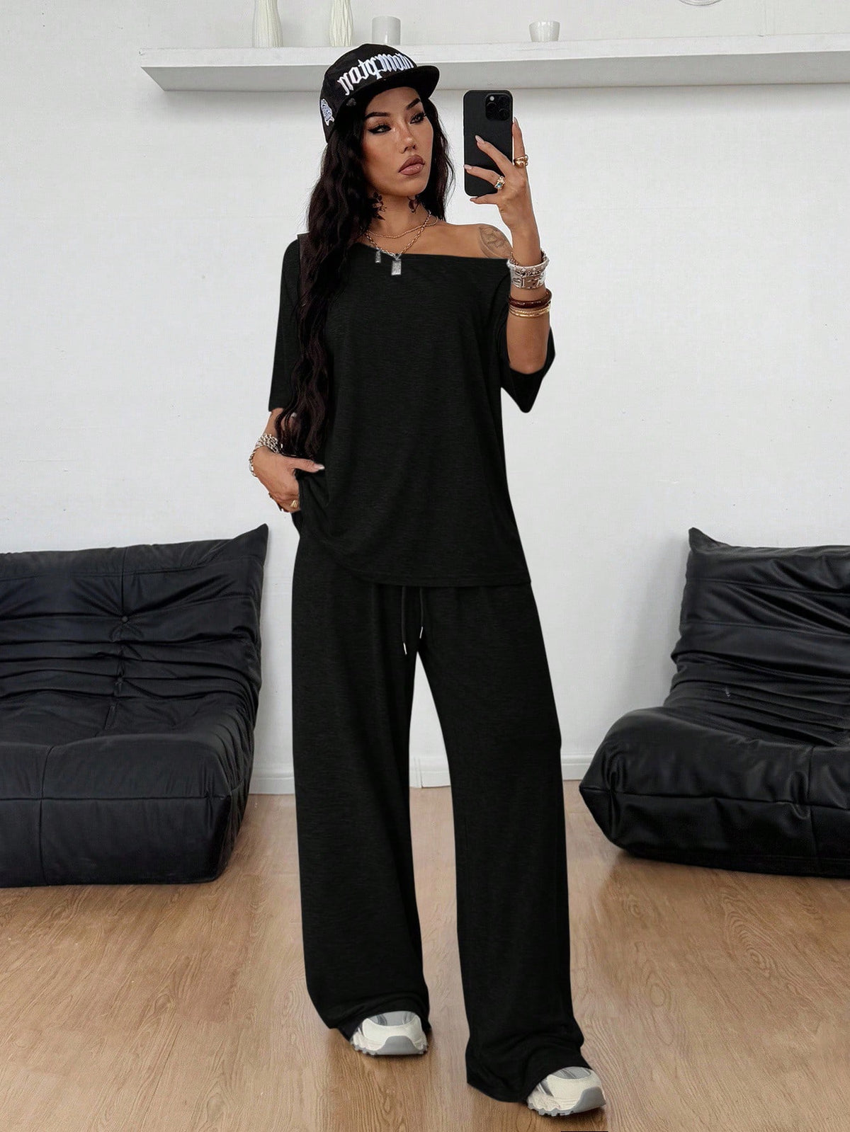 Women's Off-Shoulder Wide Leg Pants Two-Piece Casual Sport Set