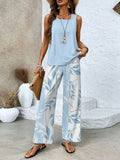 Plant Print Sleeveless Tank & Wide Leg Pants Two-Piece Set