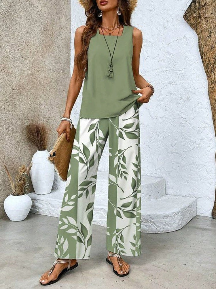 Plant Print Sleeveless Tank & Wide Leg Pants Two-Piece Set