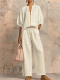 Zip-Up Bubble Sleeve Wide Leg Two-Piece Set
