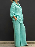Cotton Linen Collared Shirt & Wide Leg Pants Two-Piece Set