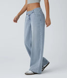 Low-Rise Asymmetrical Button Wide Leg Washed Denim Jeans