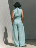 Linen-Look Sleeveless Turtleneck & High-Waisted Wide Leg Pants Set