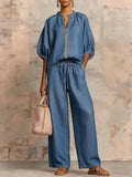Zip-Up Bubble Sleeve Wide Leg Two-Piece Set