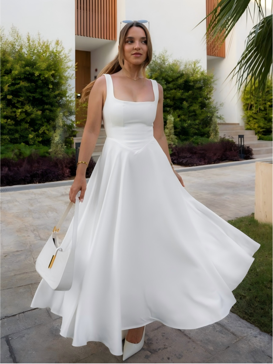 Square Neck Sleeveless Open Back Swing Midi Dress