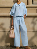 Peter Pan Collar Lantern Sleeve Linen Two-Piece Set