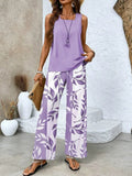 Plant Print Sleeveless Tank & Wide Leg Pants Two-Piece Set