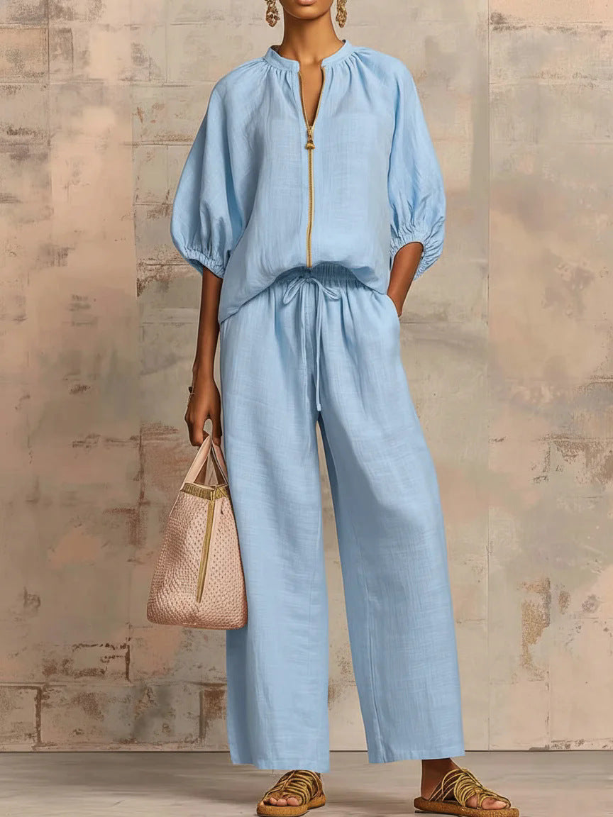 Zip-Up Bubble Sleeve Wide Leg Two-Piece Set