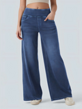 High-Waisted Elastic Wide Leg Denim Pants