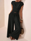 Cross Wrap Irregular Top & High-Waisted Wide Leg Pants Set