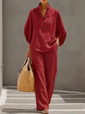 Linen Blend Half-Sleeve V-Neck Button Top & Straight Leg Pants Two-Piece Set