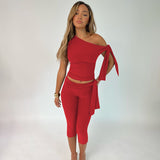 Asymmetrical Neck Sleeveless Tie Slim Capri Pants Set