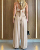 Solid Color Cutout Tie-Back High-Waisted Wide-Leg Jumpsuit