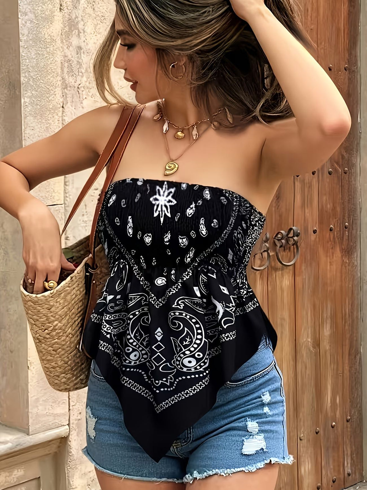 Bandana Print Smocked Bandeau Top with Hanky Hem