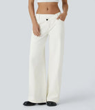 Low-Rise Asymmetrical Button Wide Leg Washed Denim Jeans