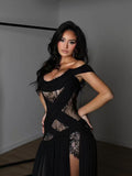 Black Off-the-Shoulder Lace Cutout Maxi Dress with High Slit